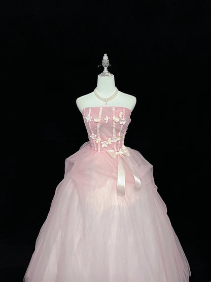 Princess Ball Gown Strapless Tulle Pink With Flowers Quince Dress Voluminous Sweet 16 Sweet Sixteen Outfits Vestido de 15 RB7475