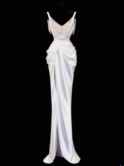 Timeless Wedding Gowns Dresses Romantic Mermaid Spaghetti Strap Pearls for Bride With Slit White Petite/Plus Size Bridal Gown For Women SA106