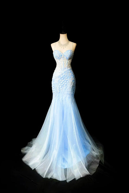 Vintage 70s Prom Dresses Mermaid Spaghetti Strap Light Blue With Sequin Flowers Long Evening Dress Formal Outfits RB5917