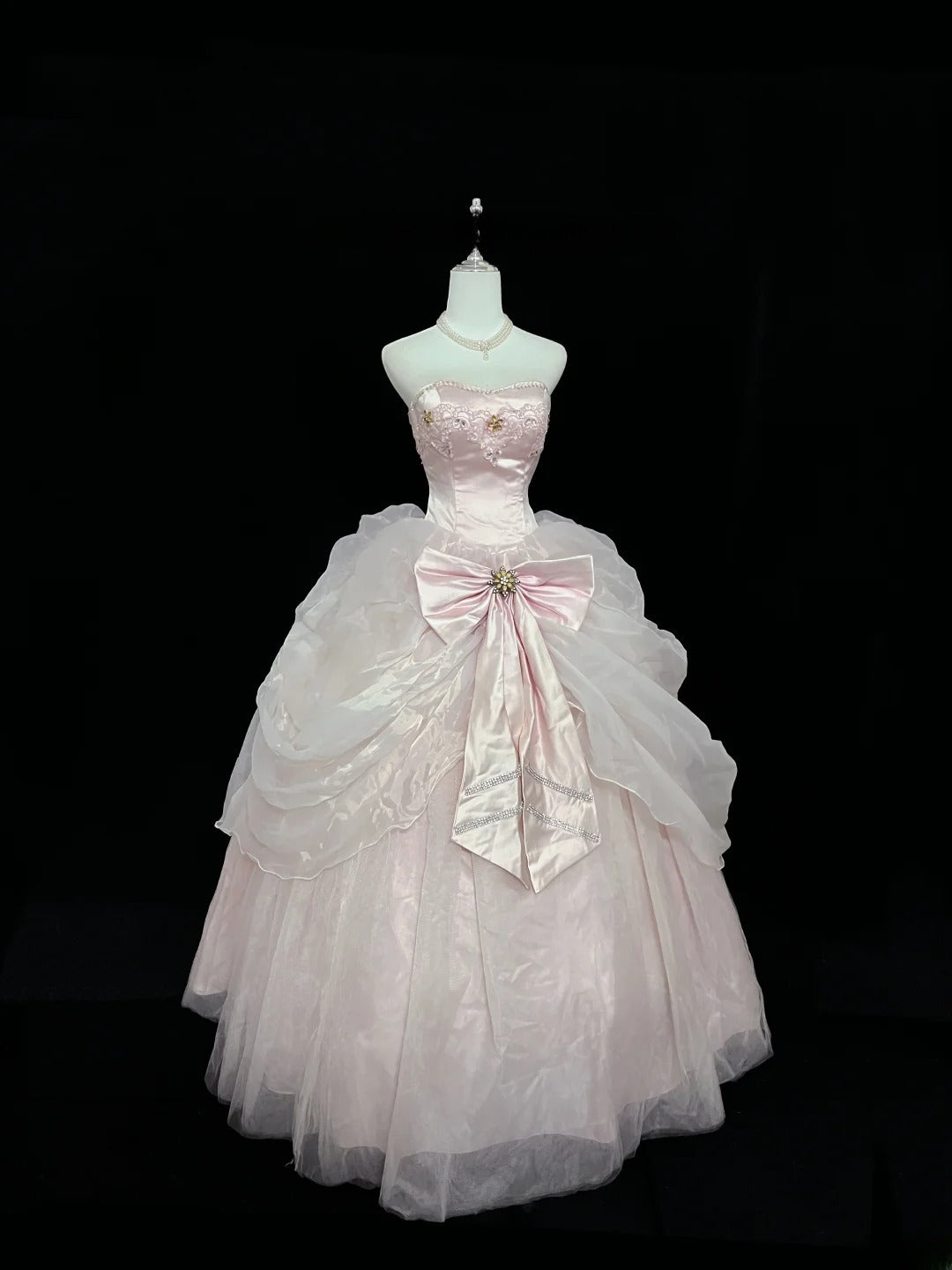 Princess Ball Gown Strapless Organza Pink With Bow-Knot Quince Dress Voluminous Sweet 16 Sweet Sixteen Outfits Vestido de 15 RB7476