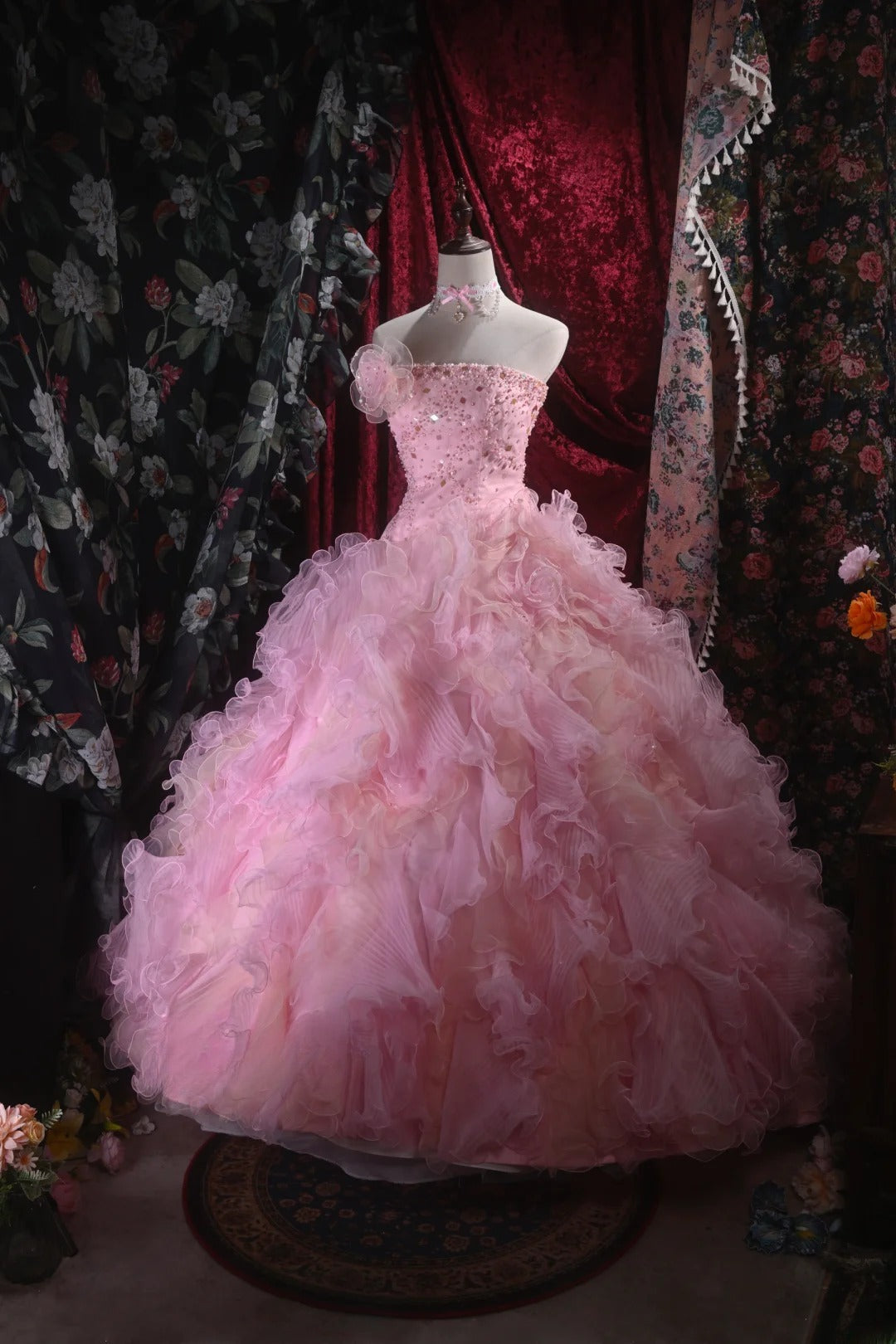 Cute Ball Gown Strapless Pink Tulle With Beading Tiered Long Quince Dress Quinceanera Dresses Formal Birthday Outfits RB8122