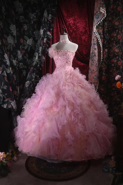 Cute Ball Gown Strapless Pink Tulle With Beading Tiered Long Quince Dress Quinceanera Dresses Formal Birthday Outfits RB8122