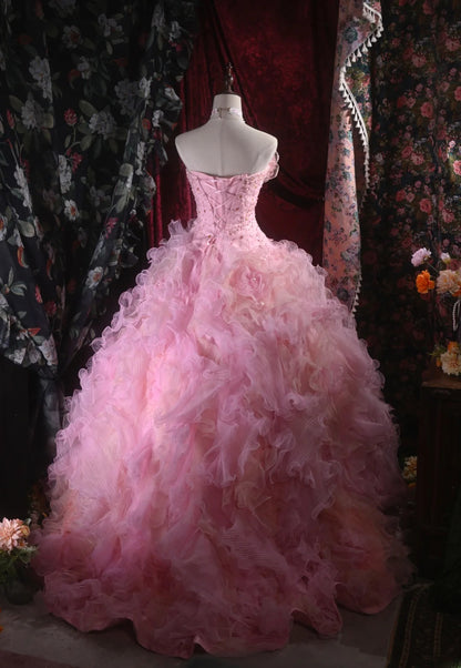 Cute Ball Gown Strapless Pink Tulle With Beading Tiered Long Quince Dress Quinceanera Dresses Formal Birthday Outfits RB8122