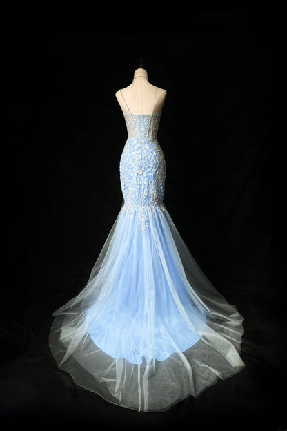 Vintage 70s Prom Dresses Mermaid Spaghetti Strap Light Blue With Sequin Flowers Long Evening Dress Formal Outfits RB5917