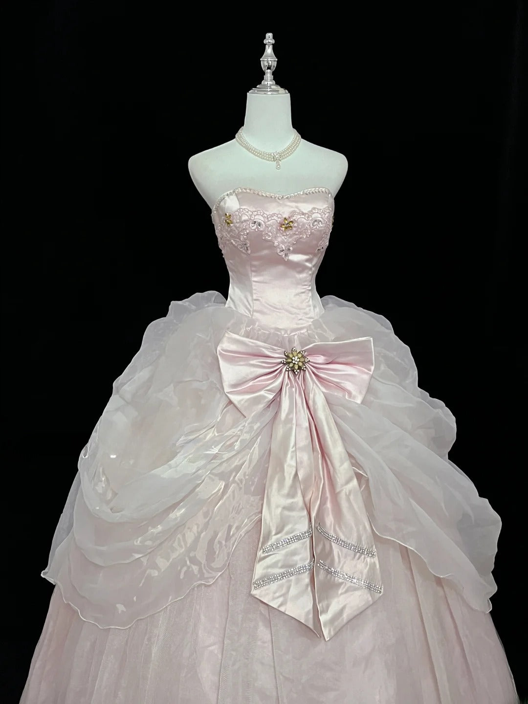 Princess Ball Gown Strapless Organza Pink With Bow-Knot Quince Dress Voluminous Sweet 16 Sweet Sixteen Outfits Vestido de 15 RB7476