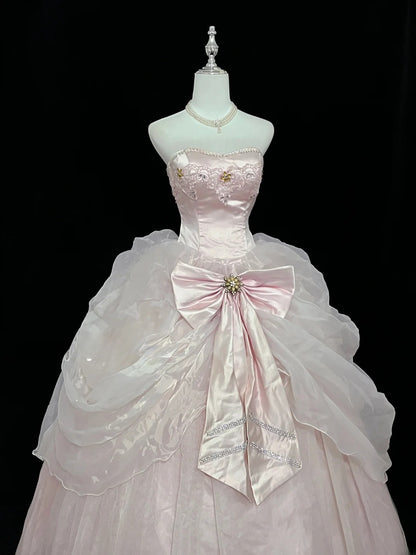 Princess Ball Gown Strapless Organza Pink With Bow-Knot Quince Dress Voluminous Sweet 16 Sweet Sixteen Outfits Vestido de 15 RB7476