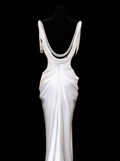 Timeless Wedding Gowns Dresses Romantic Mermaid Spaghetti Strap Pearls for Bride With Slit White Petite/Plus Size Bridal Gown For Women SA106