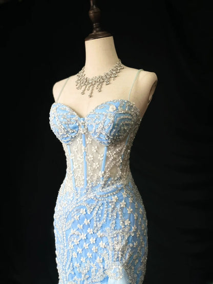 Vintage 70s Prom Dresses Mermaid Spaghetti Strap Light Blue With Sequin Flowers Long Evening Dress Formal Outfits RB5917