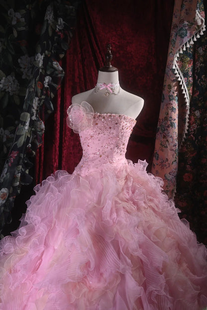 Cute Ball Gown Strapless Pink Tulle With Beading Tiered Long Quince Dress Quinceanera Dresses Formal Birthday Outfits RB8122