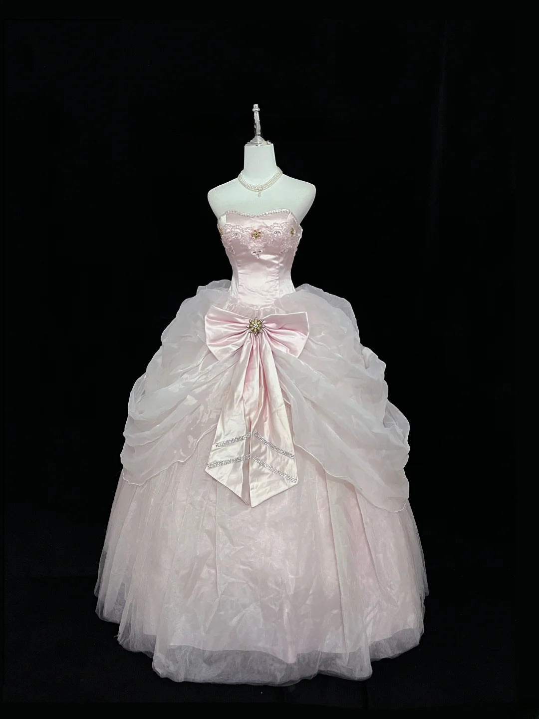 Princess Ball Gown Strapless Organza Pink With Bow-Knot Quince Dress Voluminous Sweet 16 Sweet Sixteen Outfits Vestido de 15 RB7476