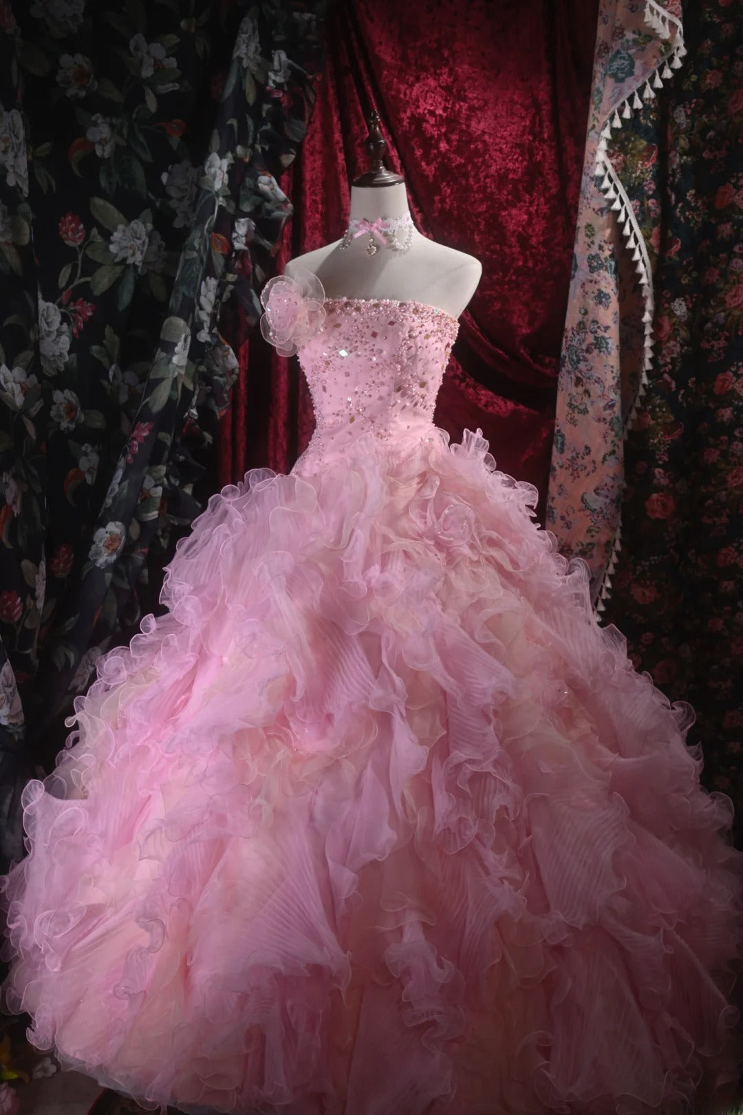 Cute Ball Gown Strapless Pink Tulle With Beading Tiered Long Quince Dress Quinceanera Dresses Formal Birthday Outfits RB8122