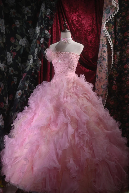Cute Ball Gown Strapless Pink Tulle With Beading Tiered Long Quince Dress Quinceanera Dresses Formal Birthday Outfits RB8122