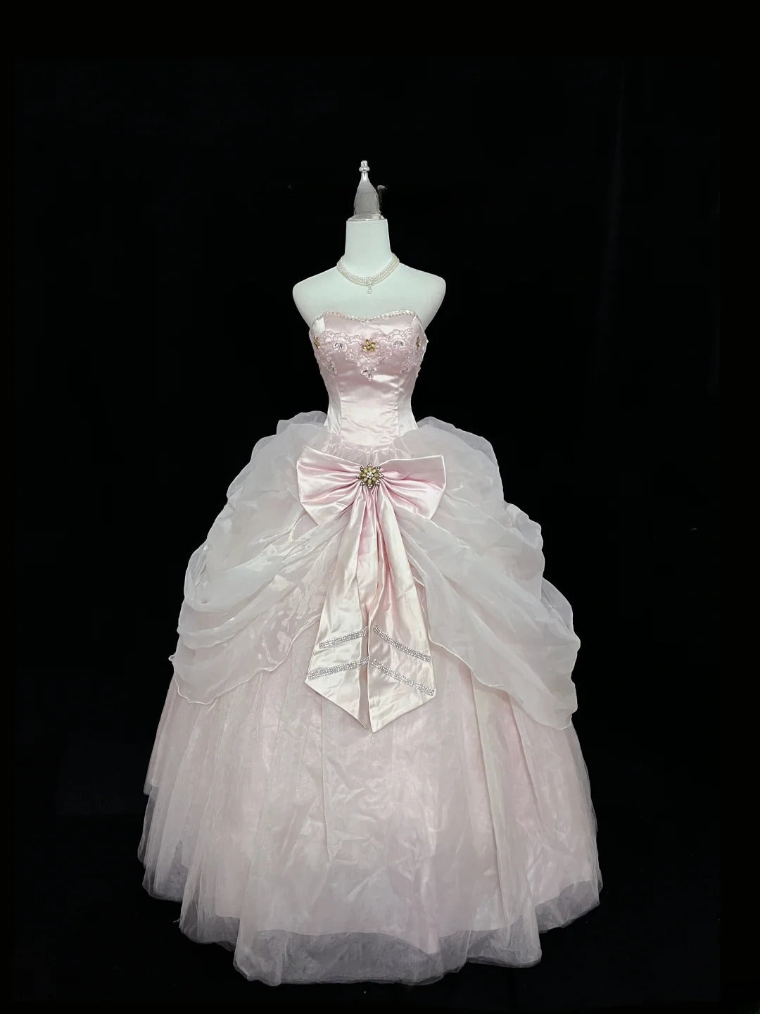 Princess Ball Gown Strapless Organza Pink With Bow-Knot Quince Dress Voluminous Sweet 16 Sweet Sixteen Outfits Vestido de 15 RB7476