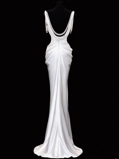 Timeless Wedding Gowns Dresses Romantic Mermaid Spaghetti Strap Pearls for Bride With Slit White Petite/Plus Size Bridal Gown For Women SA106