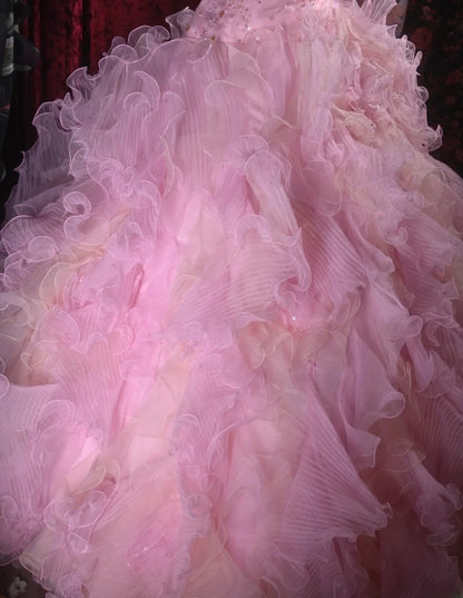 Cute Ball Gown Strapless Pink Tulle With Beading Tiered Long Quince Dress Quinceanera Dresses Formal Birthday Outfits RB8122