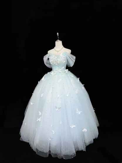 Cute Ball Gown Off The Shoulder Light Blue Tulle With Pearls Quince Dress Voluminous Ideas Sweet 16 Quinceanera Dresses Vestido de 15 RB7477
