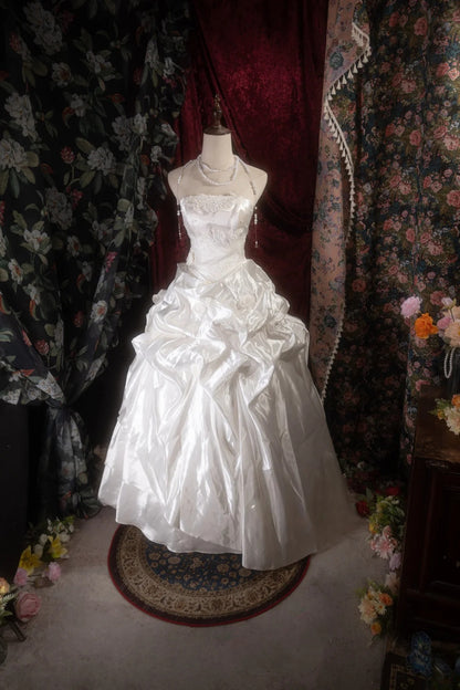 Cute Ball Gown Strapless White Satin With Ruffled Flowers Long Quince Dress Quinceanera Dresses Formal Birthday Outfits RB8123