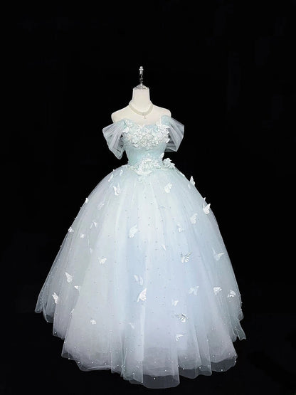 Cute Ball Gown Off The Shoulder Light Blue Tulle With Pearls Quince Dress Voluminous Ideas Sweet 16 Quinceanera Dresses Vestido de 15 RB7477