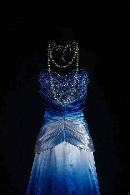 Vintage A Line Women's Cocktail Party Gowns Sweetheart Ombre Blue With Beads Tops Long Graduation Dinner Outfits Prom Dresses AS107