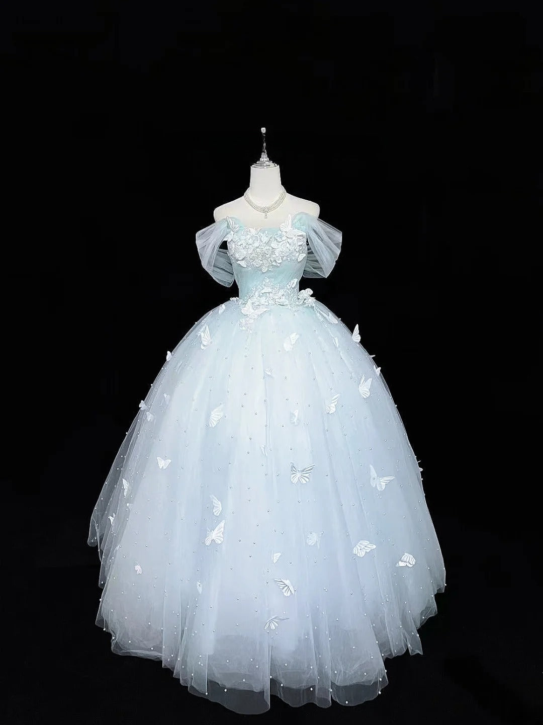 Cute Ball Gown Off The Shoulder Light Blue Tulle With Pearls Quince Dress Voluminous Ideas Sweet 16 Quinceanera Dresses Vestido de 15 RB7477