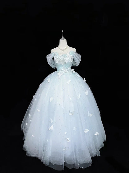 Cute Ball Gown Off The Shoulder Light Blue Tulle With Pearls Quince Dress Voluminous Ideas Sweet 16 Quinceanera Dresses Vestido de 15 RB7477
