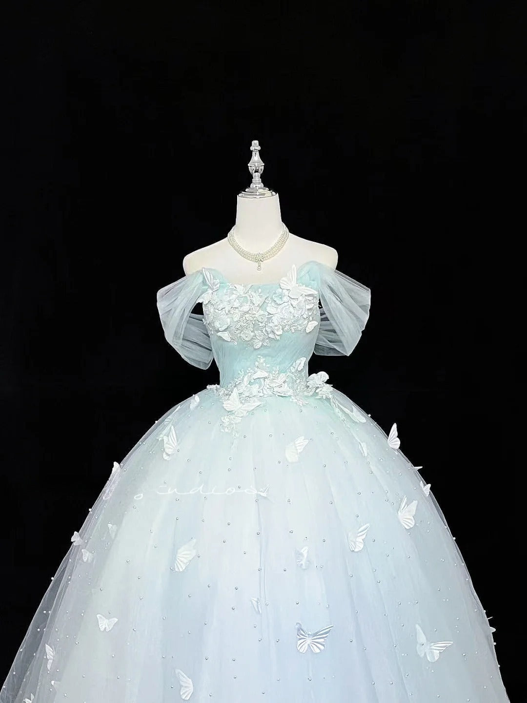 Cute Ball Gown Off The Shoulder Light Blue Tulle With Pearls Quince Dress Voluminous Ideas Sweet 16 Quinceanera Dresses Vestido de 15 RB7477