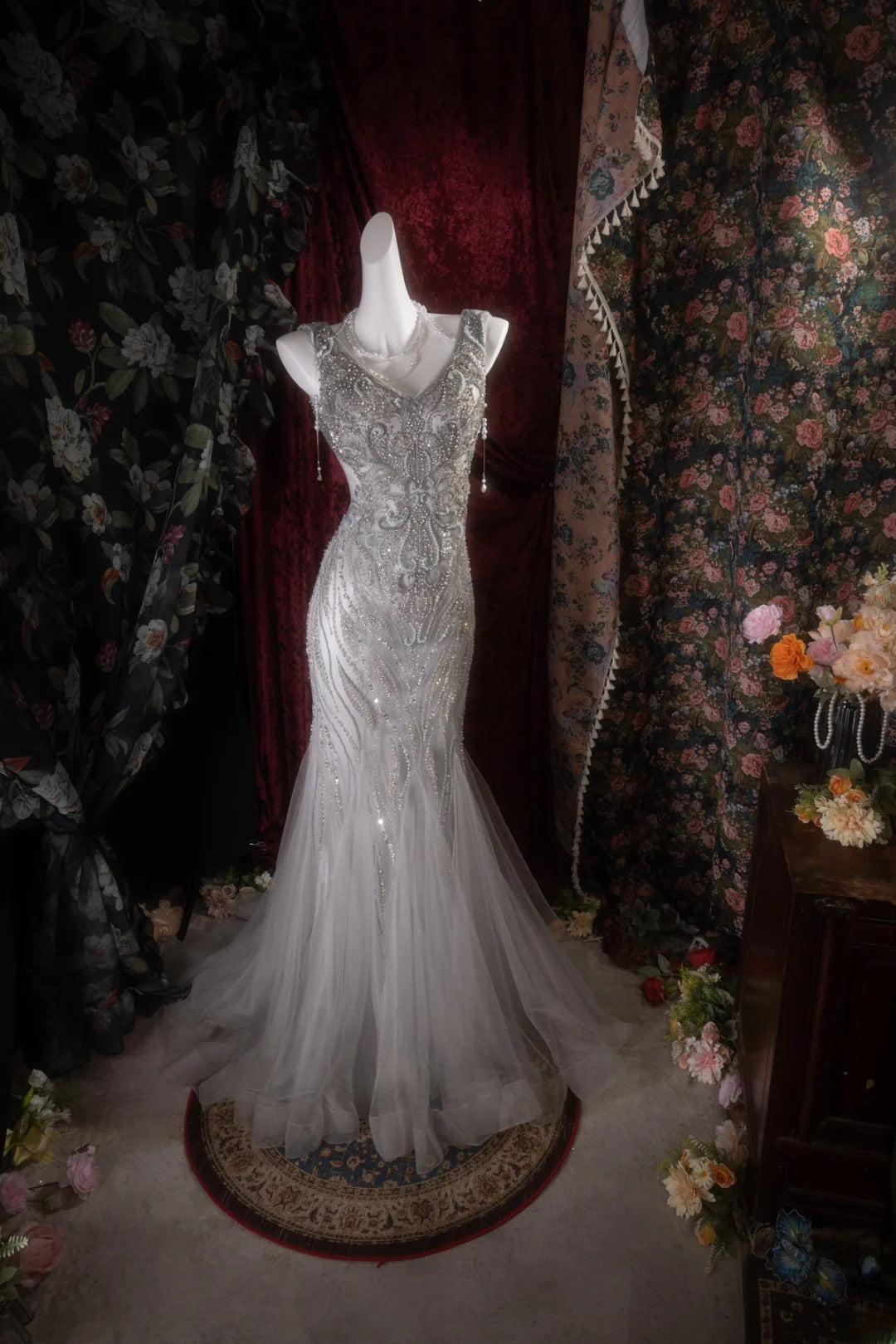 Elegant Mermaid V Neckline Silver Gray Tulle With Beading Long Prom Dresses Formal Outfit Evening Night Dress RB8124
