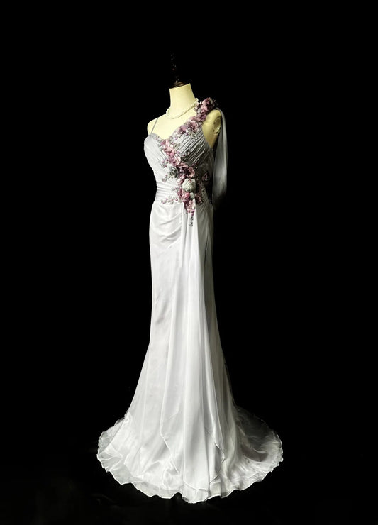 Vintage 70s Prom Dresses Mermaid Spaghetti Strap Silver Gray With Flowers Long Evening Dress Formal Outfits RB5919