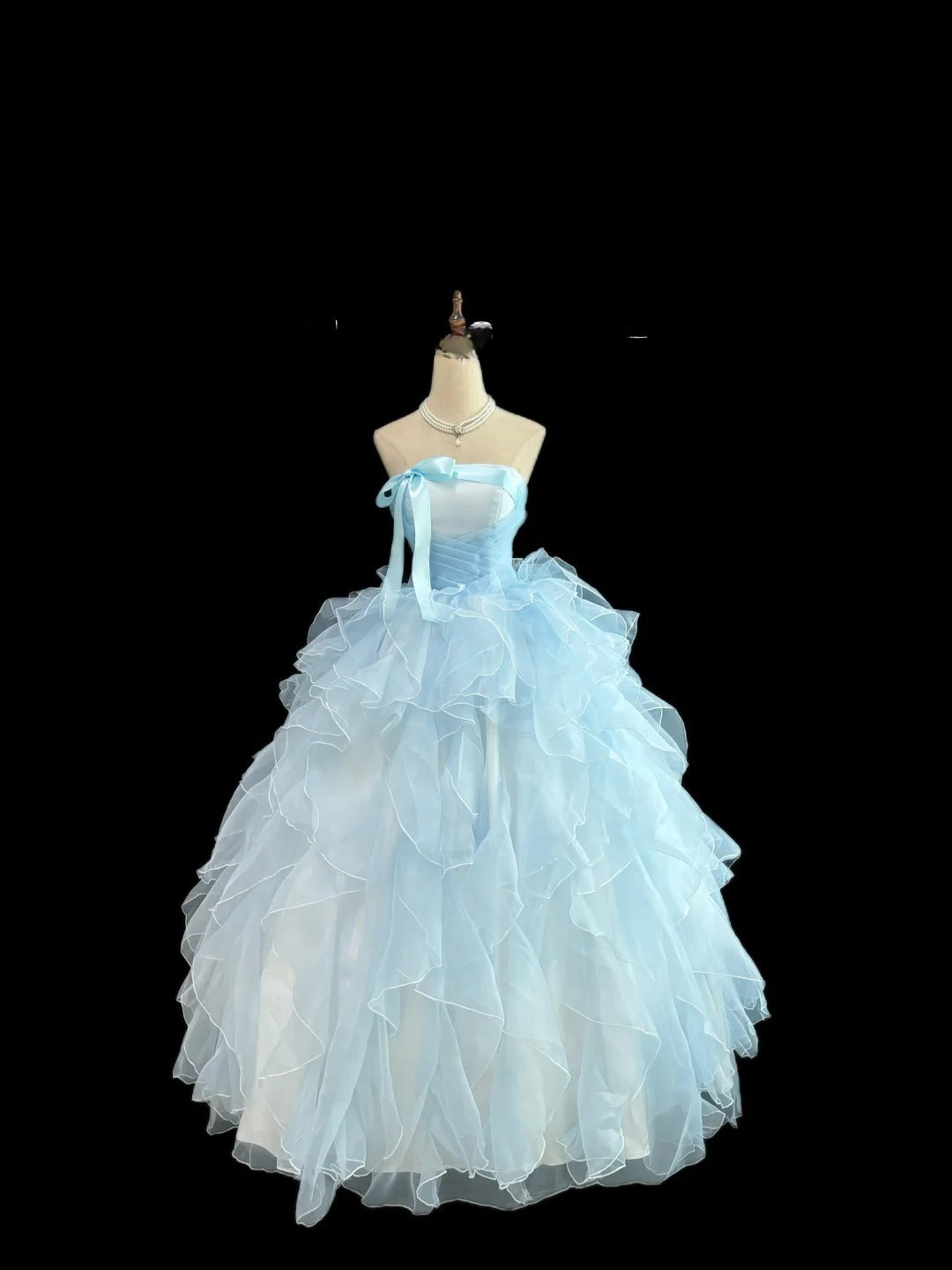 Princess Ball Gown Strapless Blue With Bow-Knot Tiered Layers Quince Dress Voluminous Sweet 16 Sweet Sixteen Outfits Vestido de 15 RB7478