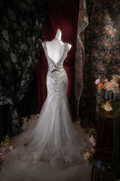 Elegant Mermaid V Neckline Silver Gray Tulle With Beading Long Prom Dresses Formal Outfit Evening Night Dress RB8124