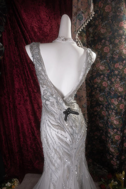 Elegant Mermaid V Neckline Silver Gray Tulle With Beading Long Prom Dresses Formal Outfit Evening Night Dress RB8124