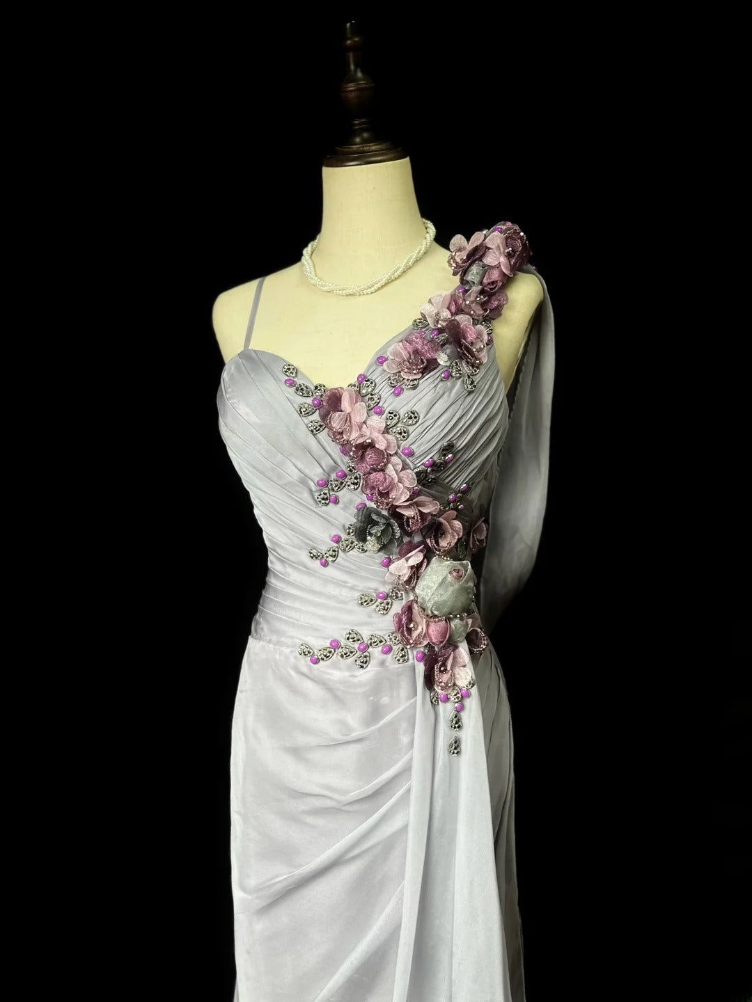 Vintage 70s Prom Dresses Mermaid Spaghetti Strap Silver Gray With Flowers Long Evening Dress Formal Outfits RB5919