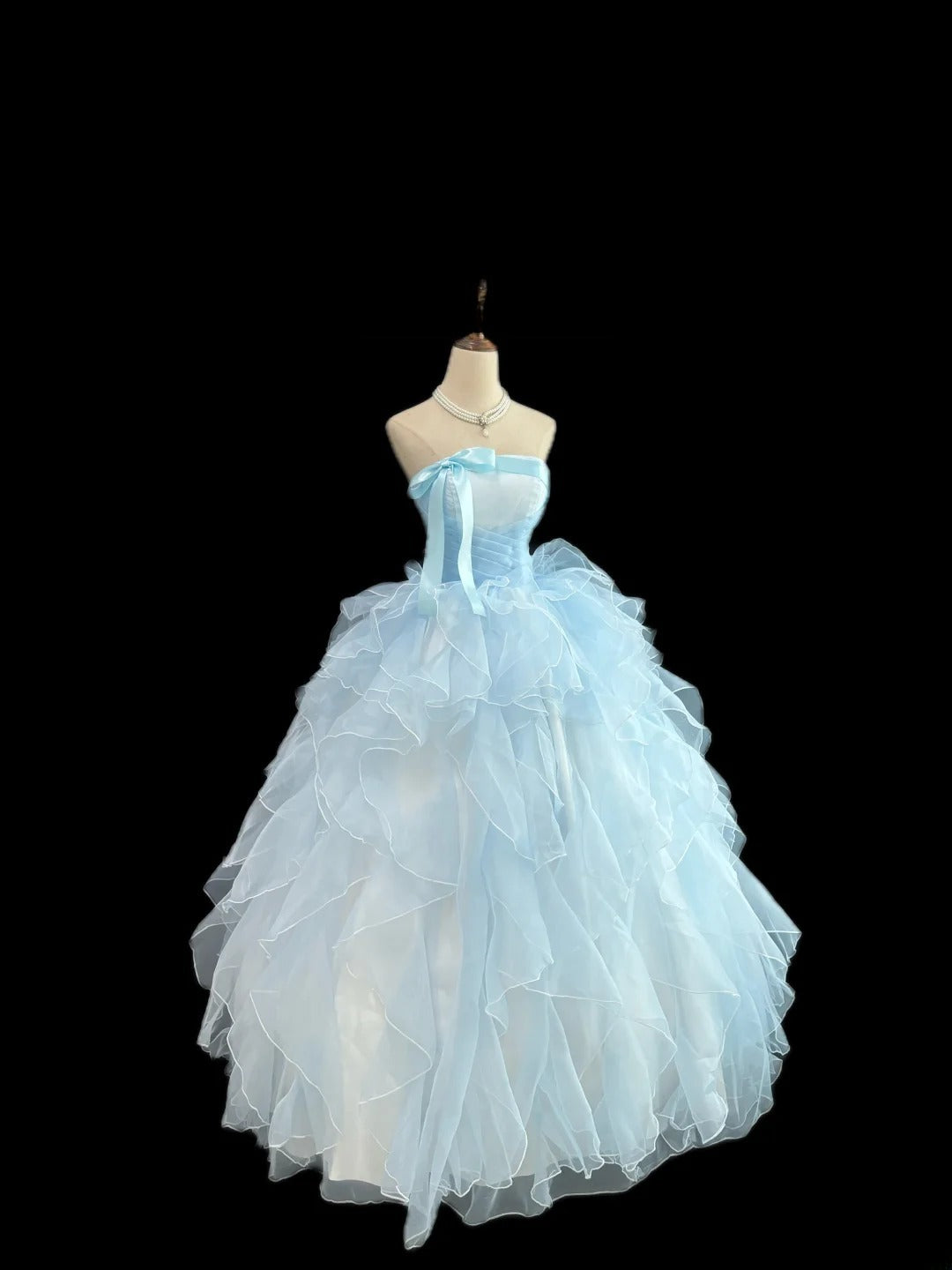 Princess Ball Gown Strapless Blue With Bow-Knot Tiered Layers Quince Dress Voluminous Sweet 16 Sweet Sixteen Outfits Vestido de 15 RB7478