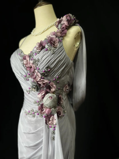 Vintage 70s Prom Dresses Mermaid Spaghetti Strap Silver Gray With Flowers Long Evening Dress Formal Outfits RB5919