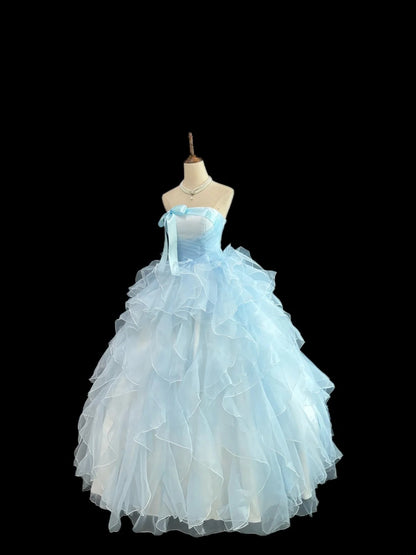 Princess Ball Gown Strapless Blue With Bow-Knot Tiered Layers Quince Dress Voluminous Sweet 16 Sweet Sixteen Outfits Vestido de 15 RB7478