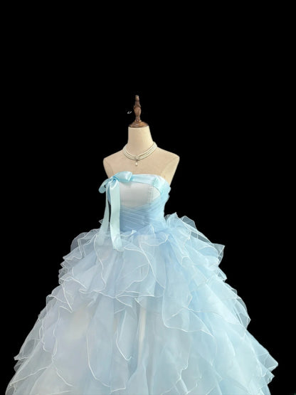 Princess Ball Gown Strapless Blue With Bow-Knot Tiered Layers Quince Dress Voluminous Sweet 16 Sweet Sixteen Outfits Vestido de 15 RB7478