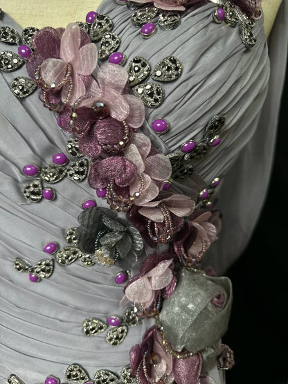 Vintage 70s Prom Dresses Mermaid Spaghetti Strap Silver Gray With Flowers Long Evening Dress Formal Outfits RB5919