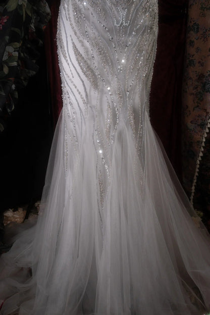 Elegant Mermaid V Neckline Silver Gray Tulle With Beading Long Prom Dresses Formal Outfit Evening Night Dress RB8124