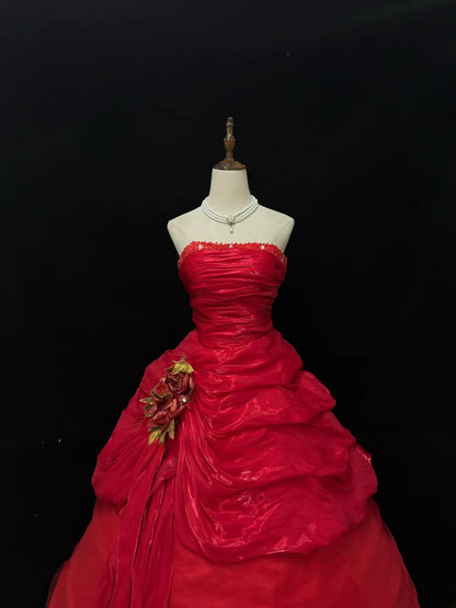 Princess Ball Gown Strapless Red With Flower Tiered Layers Quince Dress Voluminous Sweet 16 Sweet Sixteen Outfits Vestido de 15 RB7479