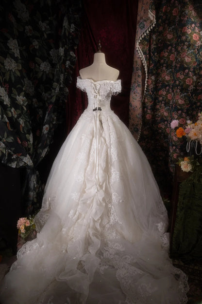 Vintage Ball Gown Off The Shoulder 1950s White Tulle With Lace Long Autumn Brides Gown Bridal Dress Wedding Dresses RB8125