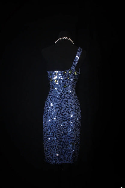 Chic Sheath One Shoulder Navy Blue Sequins Knee Length 16th Birthday Dress Homecoming Dresses Cocktail Gown AS109