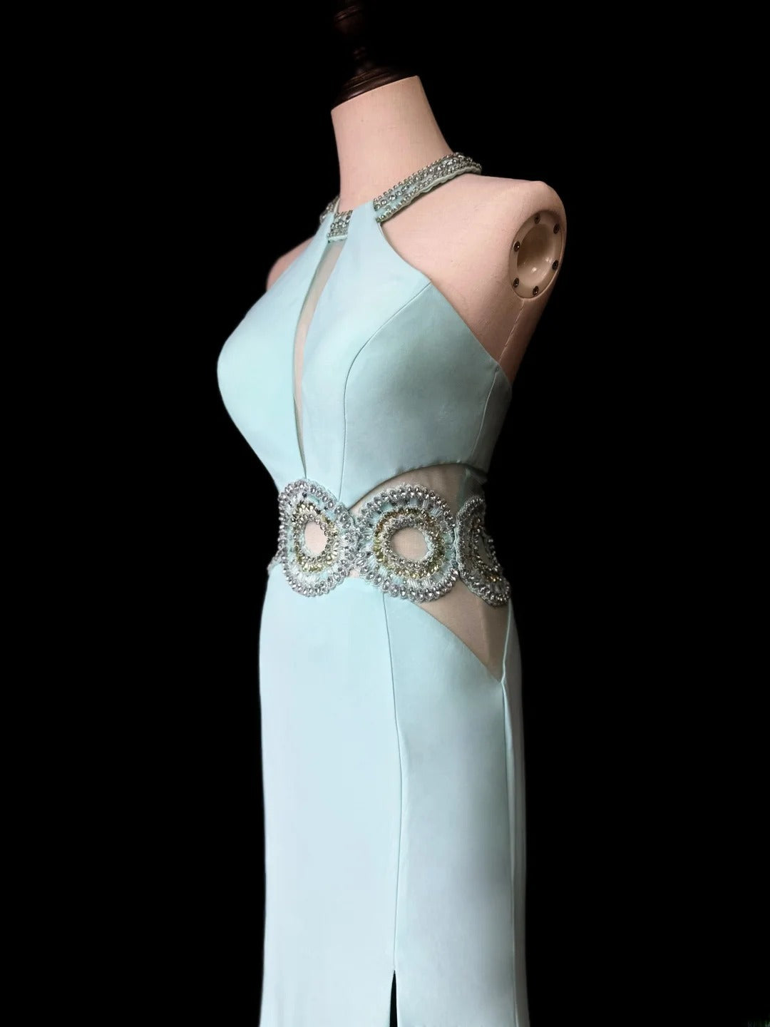 Vintage 70s Prom Dresses Mermaid Halter Tiffany Blue With Silver Beading Long Party Dress Formal Outfits RB5920