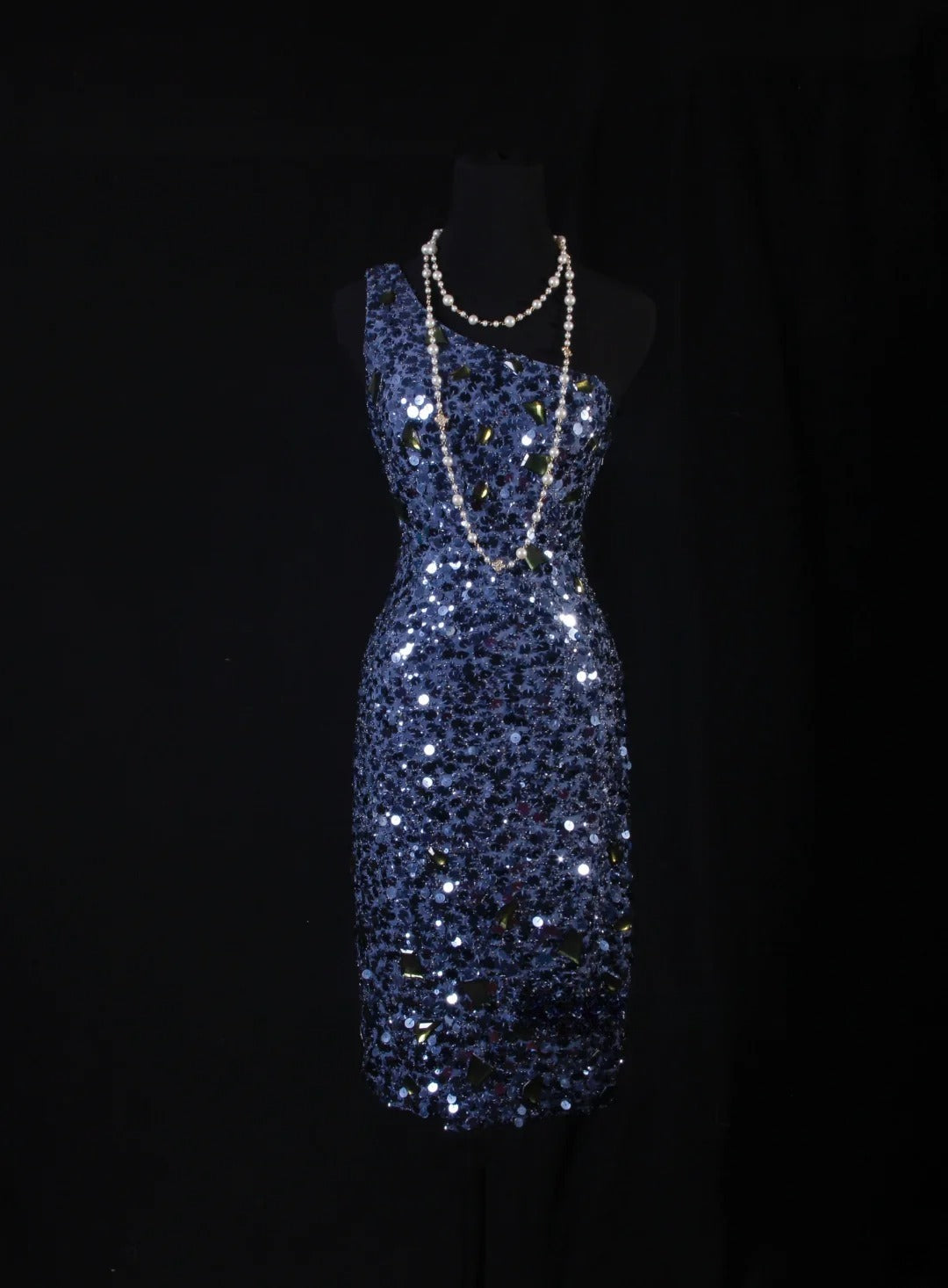 Chic Sheath One Shoulder Navy Blue Sequins Knee Length 16th Birthday Dress Homecoming Dresses Cocktail Gown AS109