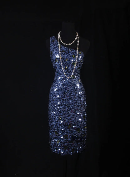 Chic Sheath One Shoulder Navy Blue Sequins Knee Length 16th Birthday Dress Homecoming Dresses Cocktail Gown AS109