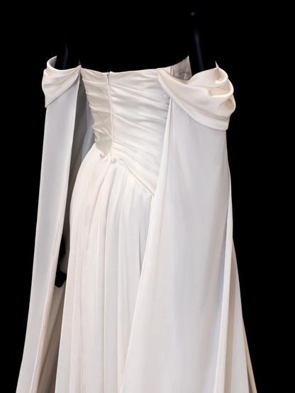 Modest Prom Dresses Aesthetic Sheath Off The Shoulder Ivory Satin Inspiration Style Impress With Sleeves Cape Long Party Formal Gown SA109
