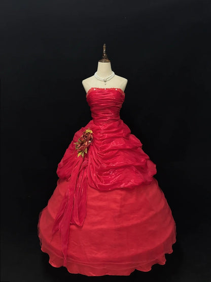 Princess Ball Gown Strapless Red With Flower Tiered Layers Quince Dress Voluminous Sweet 16 Sweet Sixteen Outfits Vestido de 15 RB7479