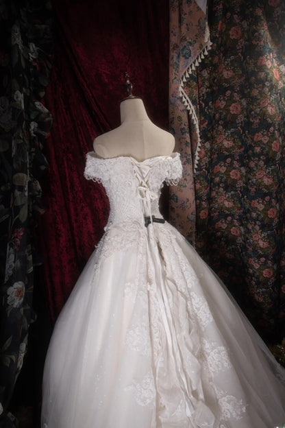 Vintage Ball Gown Off The Shoulder 1950s White Tulle With Lace Long Autumn Brides Gown Bridal Dress Wedding Dresses RB8125