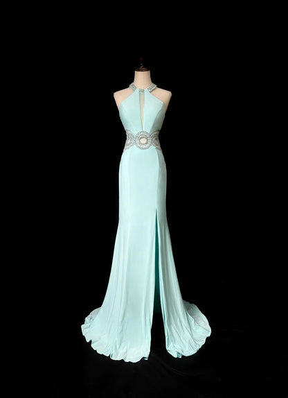 Vintage 70s Prom Dresses Mermaid Halter Tiffany Blue With Silver Beading Long Party Dress Formal Outfits RB5920