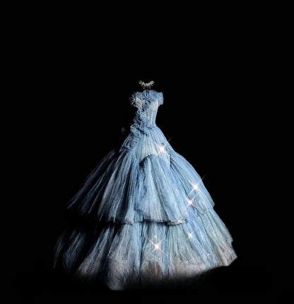 Cute Ball Gown Strapless Blue Tulle Long Quinceañera Dress Moda 2000 15 Quinceanera Dresses Ideas Sweet 16 Outfit RB7095