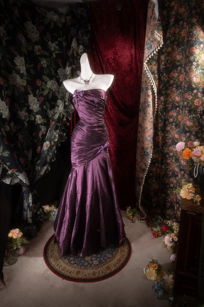 Elegant Mermaid Strapless Purple Satin With Pleated Long Prom Dresses Formal Outfit Evening Night Dress RB8126